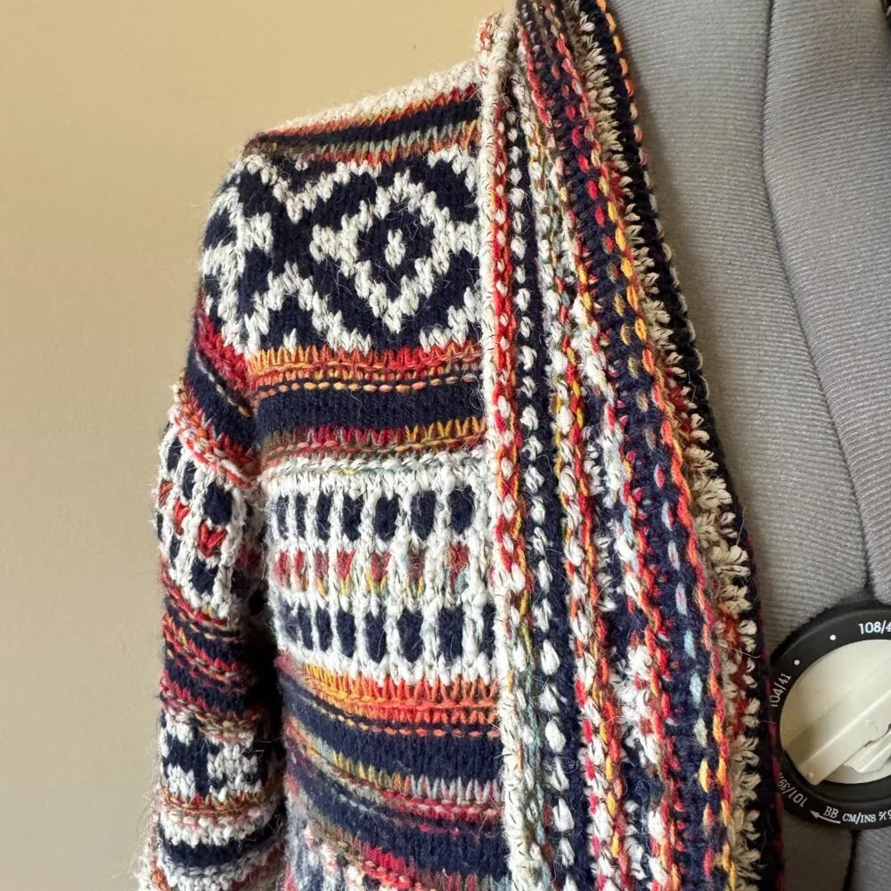Coco Y Club Grandpa Cardigan Tribal Pattern Fringe Long Sweater L - Picture 2 of 10